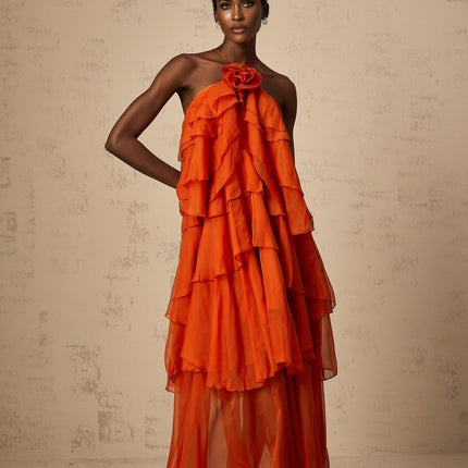 Liliana Maxi Dress in Orange Halterneck Sleeveless Floral Appliqué Ankle-Length Polyester Rear Tie Button Fastening
