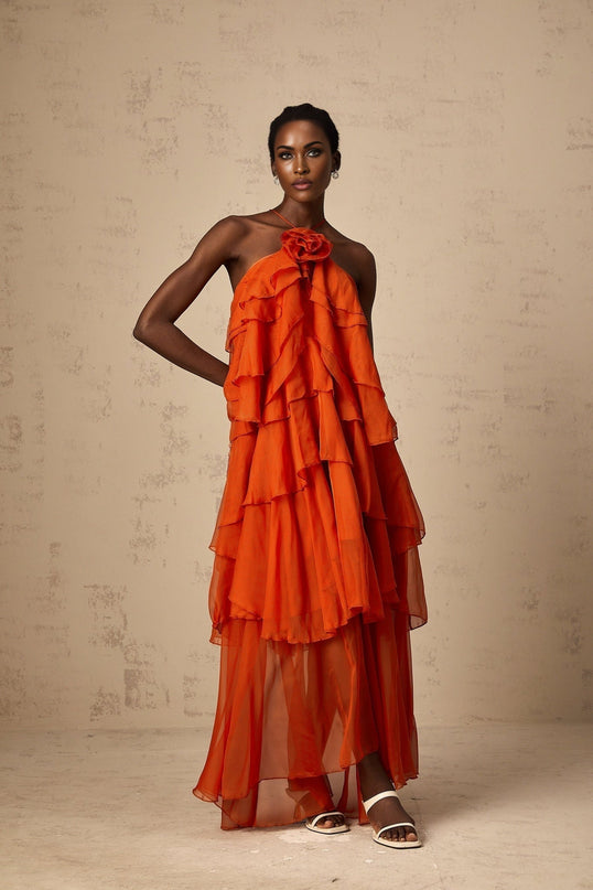 Liliana Maxi Dress in Orange Halterneck Sleeveless Floral Appliqué Ankle-Length Polyester Rear Tie Button Fastening