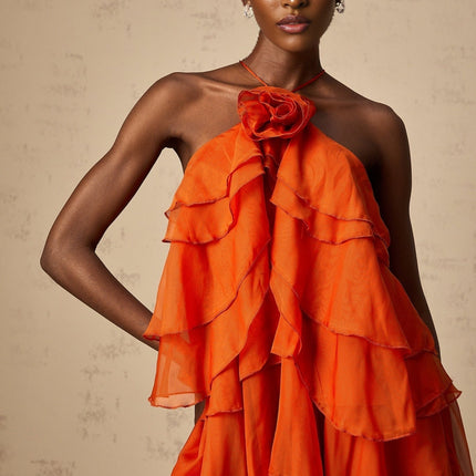 Liliana Maxi Dress in Orange Halterneck Floral Appliqué Sleeveless Ankle-Length Polyester Rear Tie Button Fastening