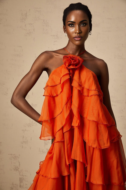 Liliana Maxi Dress in Orange Halterneck Floral Appliqué Sleeveless Ankle-Length Polyester Rear Tie Button Fastening
