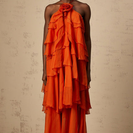 Liliana Maxi Dress in Orange with Halterneck Design and Floral Appliqué
