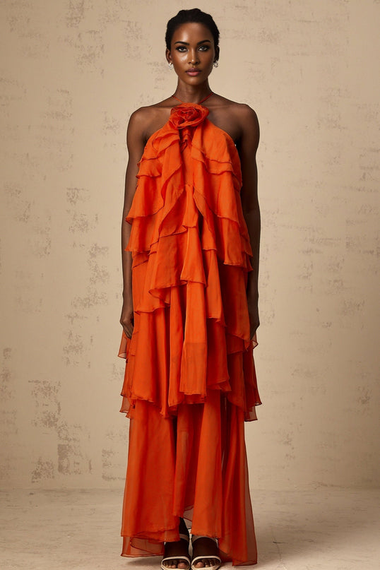 Liliana Maxi Dress in Orange with Halterneck Design and Floral Appliqué