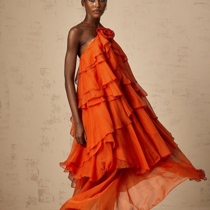 Liliana Maxi Dress in Orange with Halterneck Design and Floral Appliqué