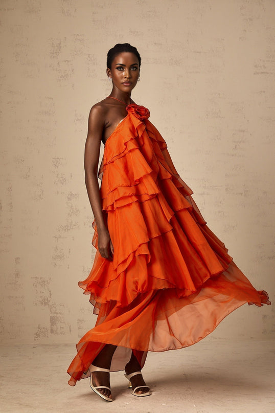 Liliana Maxi Dress in Orange with Halterneck Design and Floral Appliqué