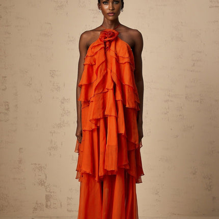 Liliana Orange Maxi Dress Halterneck Floral Appliqué Polyester Ankle-Length