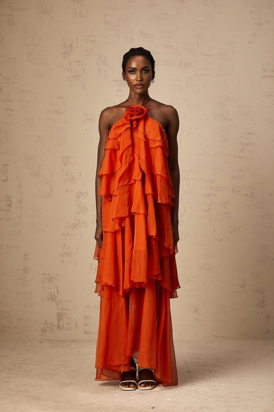 Liliana Orange Maxi Dress Halterneck Floral Appliqué Polyester Ankle-Length