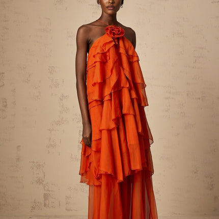 Liliana Orange Maxi Dress Polyester Floral Appliqué Halterneck Sleeveless Ankle-Length Flounced Detailing Rear Tie Button Fastening Glamorous Sophisticated Layered Silhouette