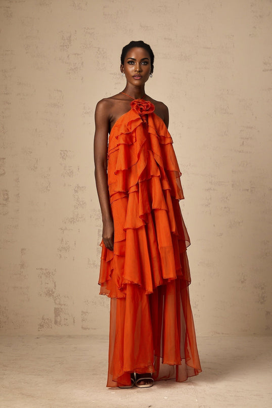 Liliana Orange Maxi Dress Polyester Floral Appliqué Halterneck Sleeveless Ankle-Length Flounced Detailing Rear Tie Button Fastening Glamorous Sophisticated Layered Silhouette