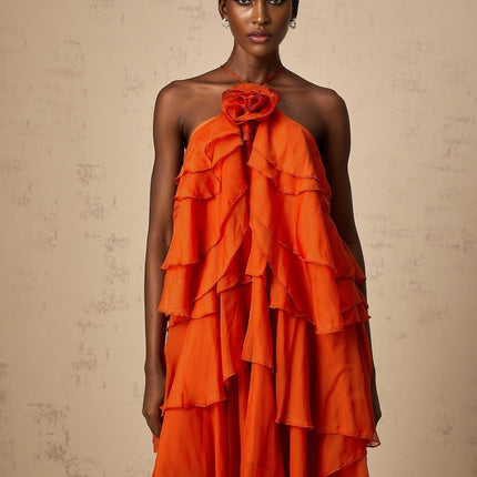 Liliana Orange Maxi Dress Halterneck Sleeveless Floral Appliqué Polyester Ankle-Length Rear Tie Button Fastening Layered Silhouette Glamour