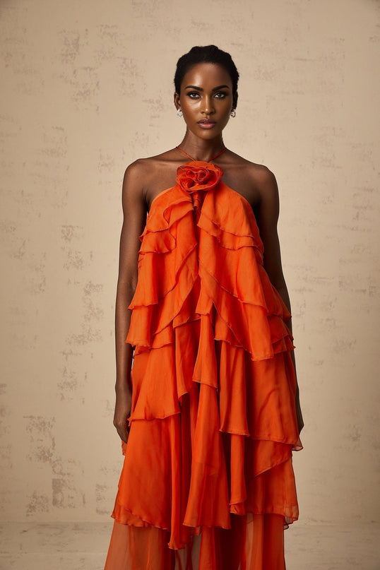 Liliana Orange Maxi Dress Halterneck Sleeveless Floral Appliqué Polyester Ankle-Length Rear Tie Button Fastening Layered Silhouette Glamour