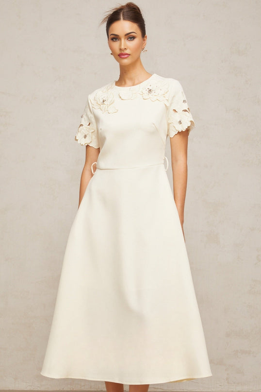 Lillian Floral Appliqué Bead Embellishment Midi Dress in Neutrals