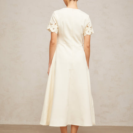 Lillian Floral Appliqué Bead Embellishment Midi Dress in Neutrals