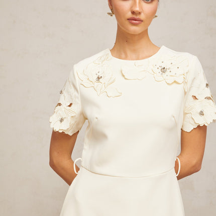Lillian Floral Appliqué Bead Embellishment Midi Dress in Neutrals
