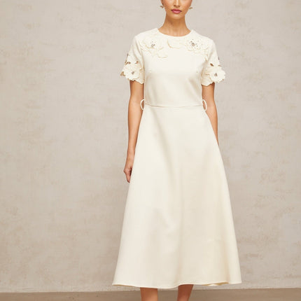 Lillian Floral Appliqué Bead Embellishment Midi Dress in Neutrals