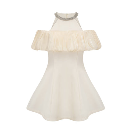 Lillian Mini Dress Crystal Flare White Sleeveless Crew Neck Flared Hem Crystal Embellishments Rear Zip Fastening Terylene Elastane