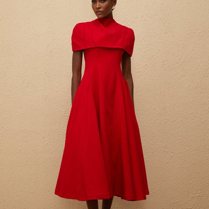 Lillian Red Asymmetrical One-Shoulder Midi Dress with Fitted Waistline and Voluminous Skirt
