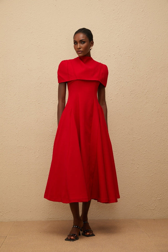 Lillian Red Asymmetrical One-Shoulder Midi Dress with Fitted Waistline and Voluminous Skirt