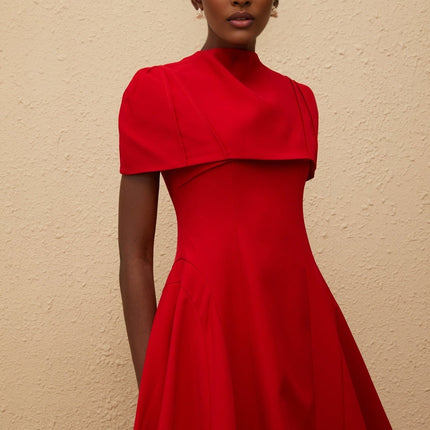 Lillian Red Asymmetrical One-Shoulder Midi Dress with Fitted Waistline and Voluminous Skirt