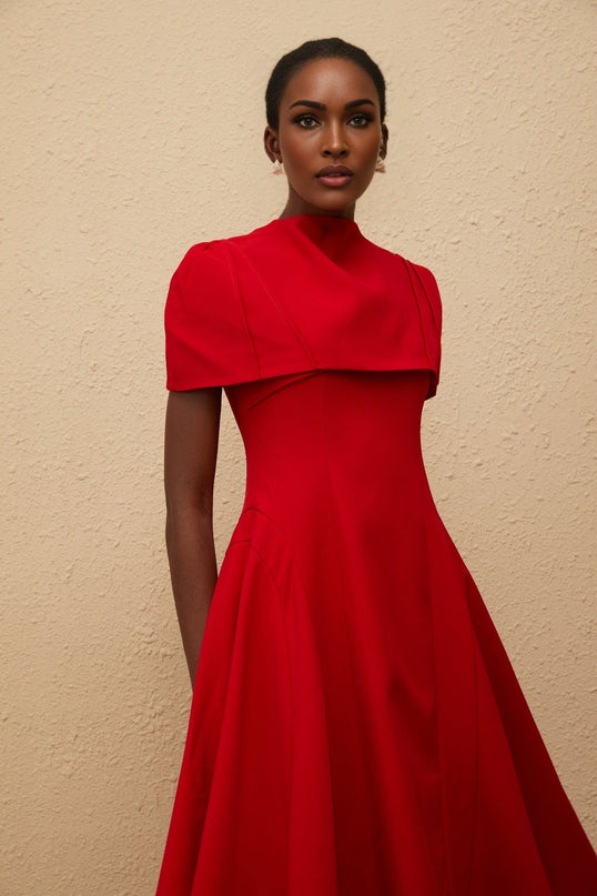 Lillian Red Asymmetrical One-Shoulder Midi Dress with Fitted Waistline and Voluminous Skirt