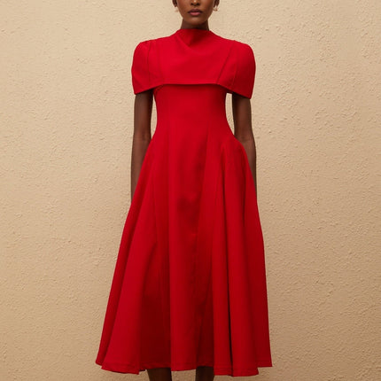 Lillian Red One-Shoulder Midi Dress with Fitted Waistline and Voluminous Skirt