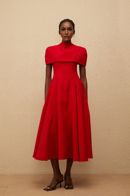 Lillian Red One-Shoulder Midi Dress with Fitted Waistline and Voluminous Skirt