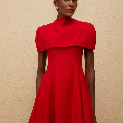 Lillian Red One-Shoulder Midi Dress with Shawl and Shirred Detailing
