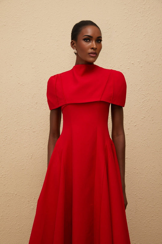 Lillian Red One-Shoulder Midi Dress with Shawl and Shirred Detailing