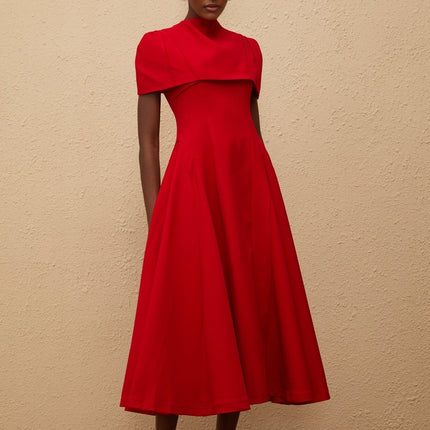 Lillian Red One-Shoulder Midi Dress with Fitted Waistline and Voluminous Skirt