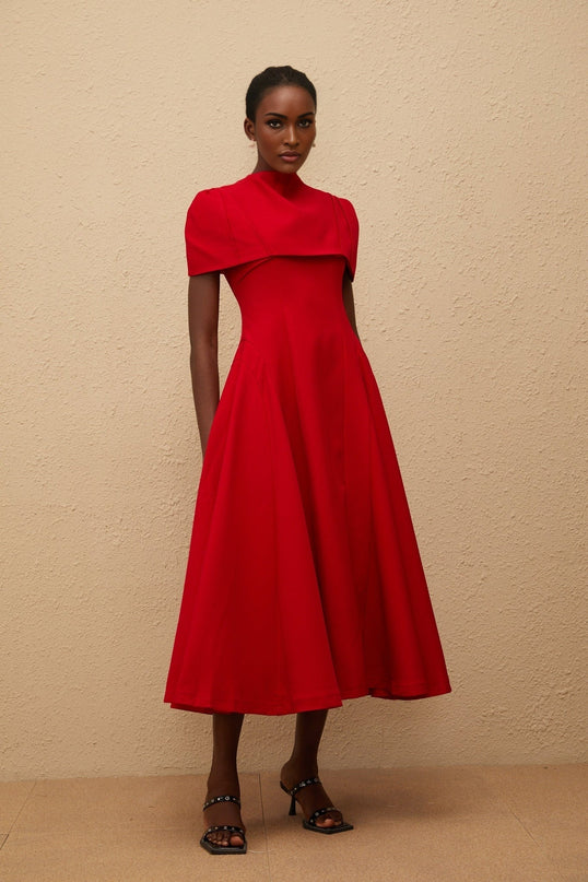 Lillian Red One-Shoulder Midi Dress with Fitted Waistline and Voluminous Skirt