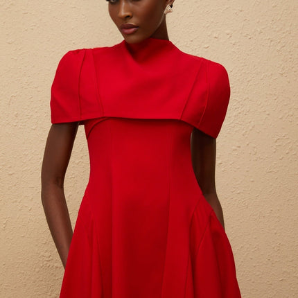 Lillian Red Asymmetrical One-Shoulder Midi Dress with Shirred Effect