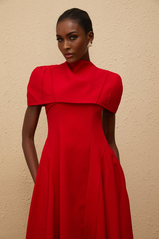 Lillian Red Asymmetrical One-Shoulder Midi Dress with Shirred Effect