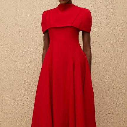 Lillian Red One-Shoulder Midi Dress with Fitted Waistline and Voluminous Skirt