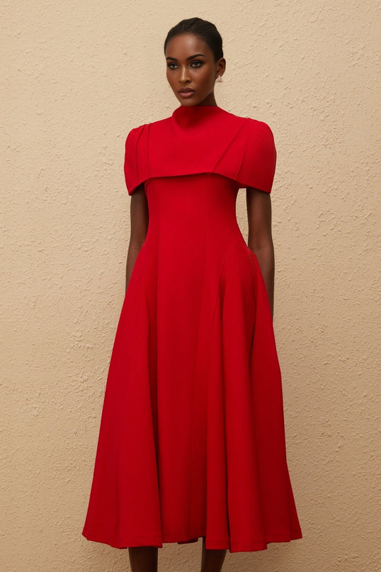 Lillian Red One-Shoulder Midi Dress with Fitted Waistline and Voluminous Skirt
