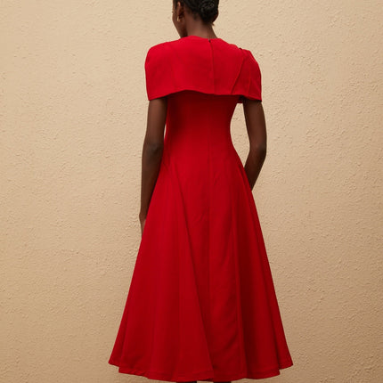 Lillian Red One-Shoulder Midi Dress with Fitted Waistline and Voluminous Skirt
