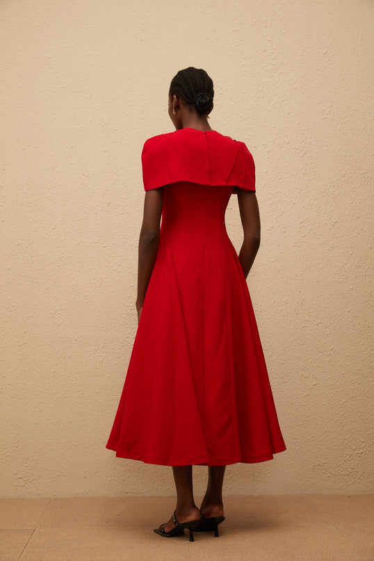 Lillian Red One-Shoulder Midi Dress with Fitted Waistline and Voluminous Skirt