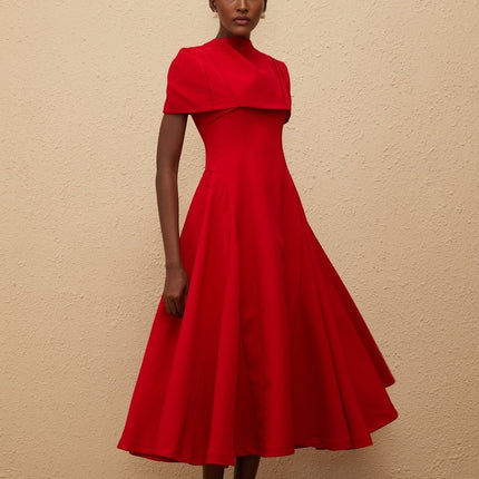Lillian Red One-Shoulder Midi Dress with Fitted Waistline and Shirred Effect