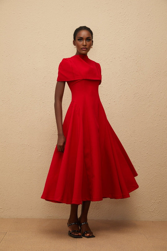 Lillian Red One-Shoulder Midi Dress with Fitted Waistline and Shirred Effect