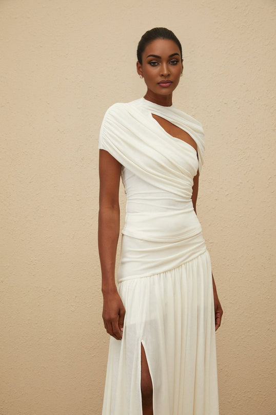 Lillian White Asymmetrical Ruched Maxi Top Skirt Set