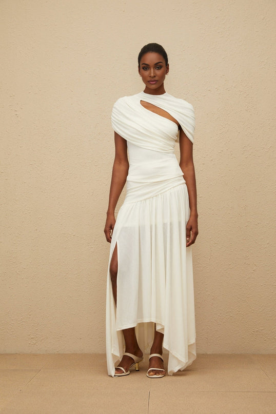 Lillian White Asymmetrical Ruched Maxi Top Skirt Set
