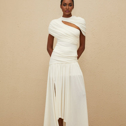 Lillian White Asymmetrical Ruched Maxi Top and Skirt Set