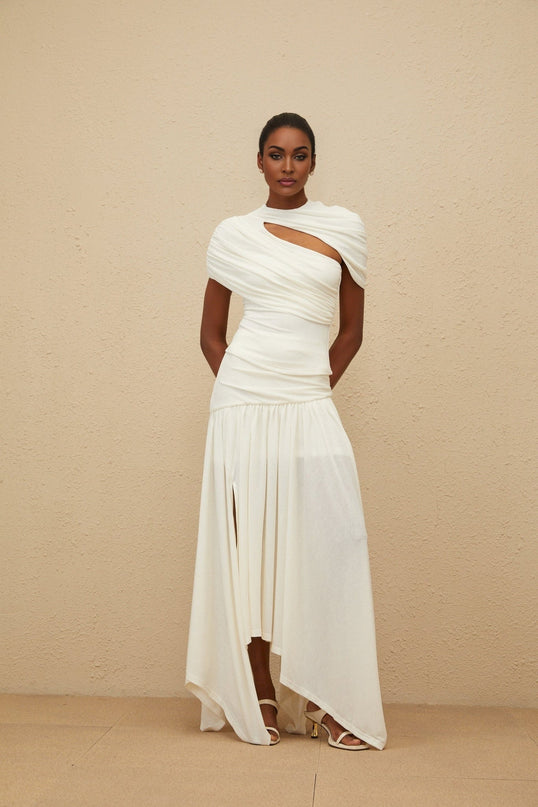 Lillian White Asymmetrical Ruched Maxi Top and Skirt Set