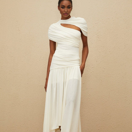 Lillian White Asymmetrical Ruched Maxi Top Skirt Set