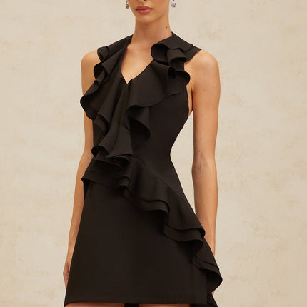 Lina Black Halterneck Ruffled Mini Dress