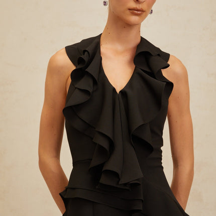 Lina Black Halterneck Ruffled Mini Dress with Open Back Design