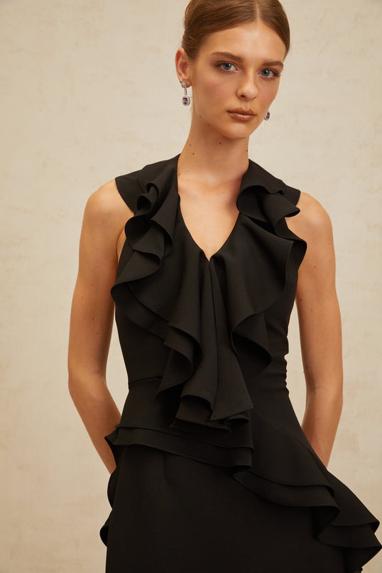 Lina Black Halterneck Ruffled Mini Dress with Open Back Design