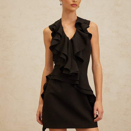Lina Black Halterneck Ruffled Mini Dress