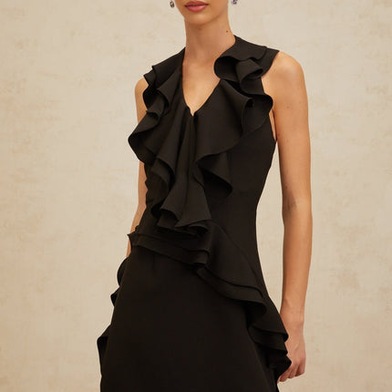 Lina Black Halterneck Ruffled Mini Dress with Open Back