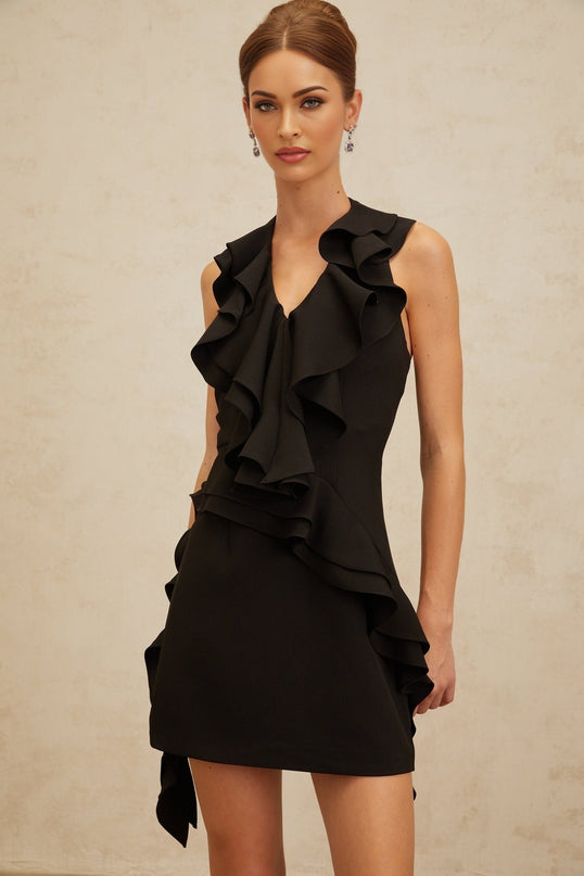 Lina Black Halterneck Ruffled Mini Dress with Open Back