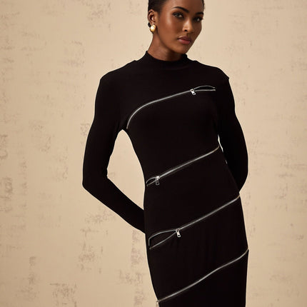 Lina Black Maxi Dress with Mock Neck and Zip Detailing