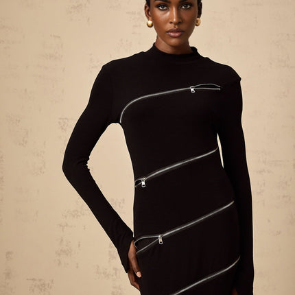 Lina Black Maxi Dress with Mock Neck and Zip Detailing